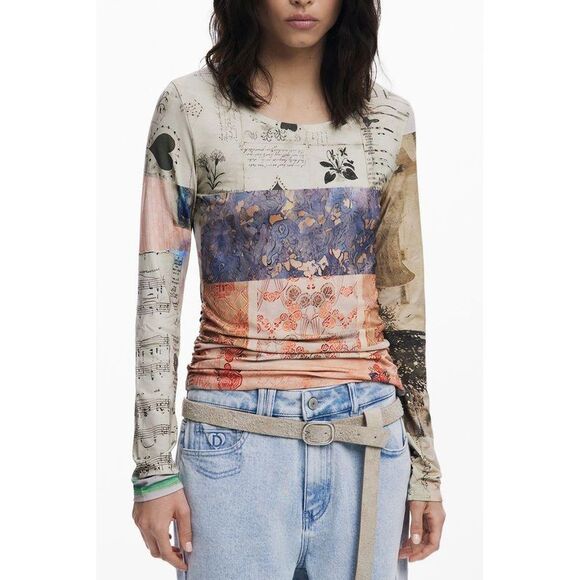 Desigual Print Long Sleeve Top Women Beige Tops & T-Shirts